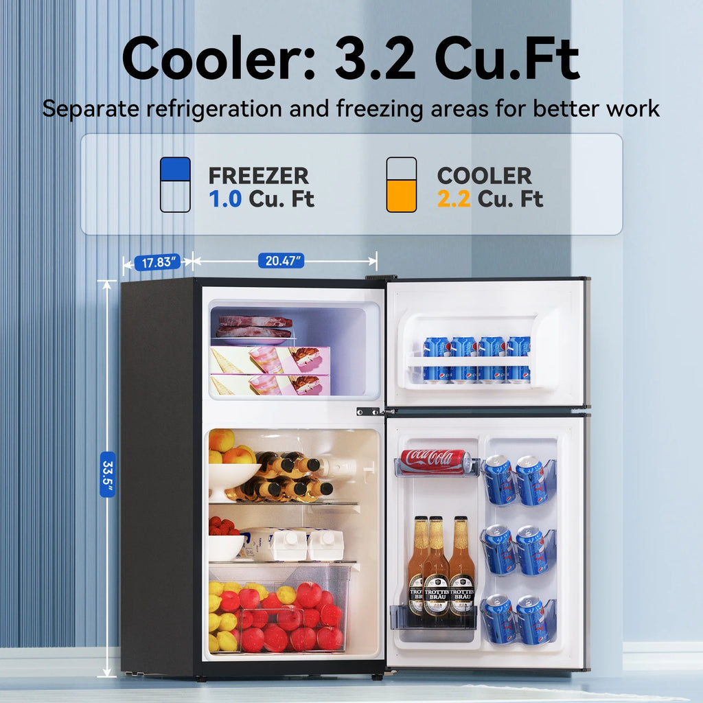 Frestec 3.2 Cu ft Two Door Mini Fridge with Freezer, Stainless Steel, E-Star