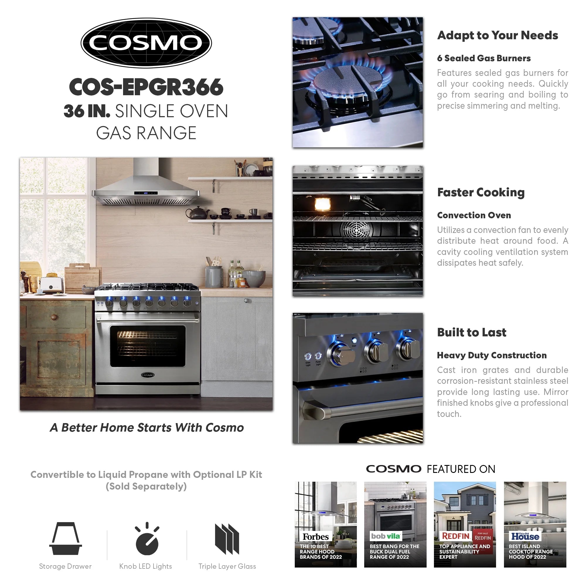 Cosmo 36 Inch 6 Cubic Foot Gas Range Convection Oven with 6 Italian Burners