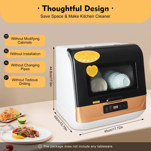 800W Compact Countertop Dishwasher Portable Mini Dish Washer 4 Washing Programs 110V 17.72*15.75*17.6in for Home Use, Business