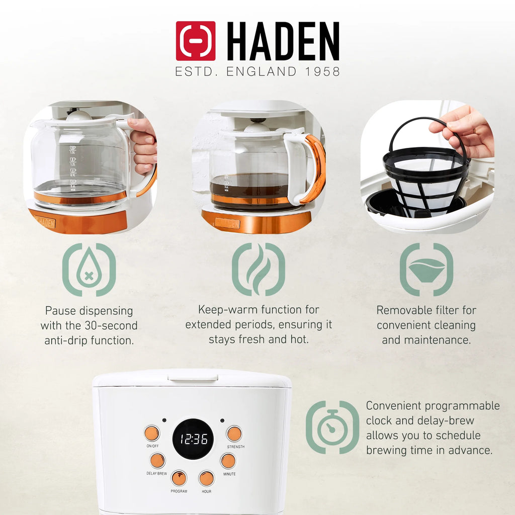 Haden 12 Cup Coffee Maker with 2 Slice Stainless Steel Bread Toaster, White