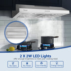 Tylza 30" 600 CFM Stainless Steel Kitchen Under Cabinet Range Hood with 2 x 2W LED Lights and 2 Replacement Charcoal Filter