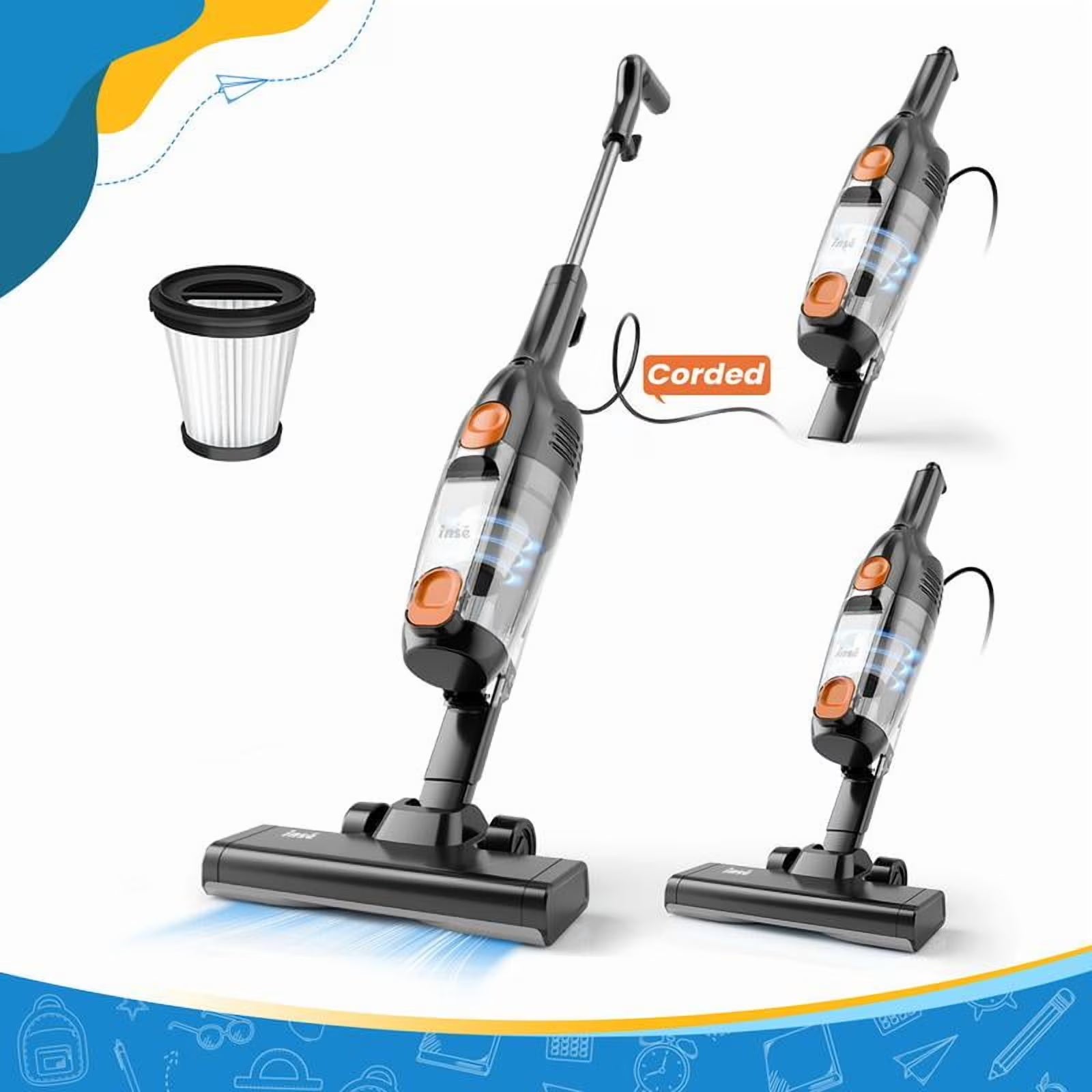 "INSE R6X Corded Stick Vacuum - 15KPa/600W, Ultra-Lightweight - Bagless Upright + Handheld for Hard Floors/Carpet/Pet Hair/Car Cleaning"