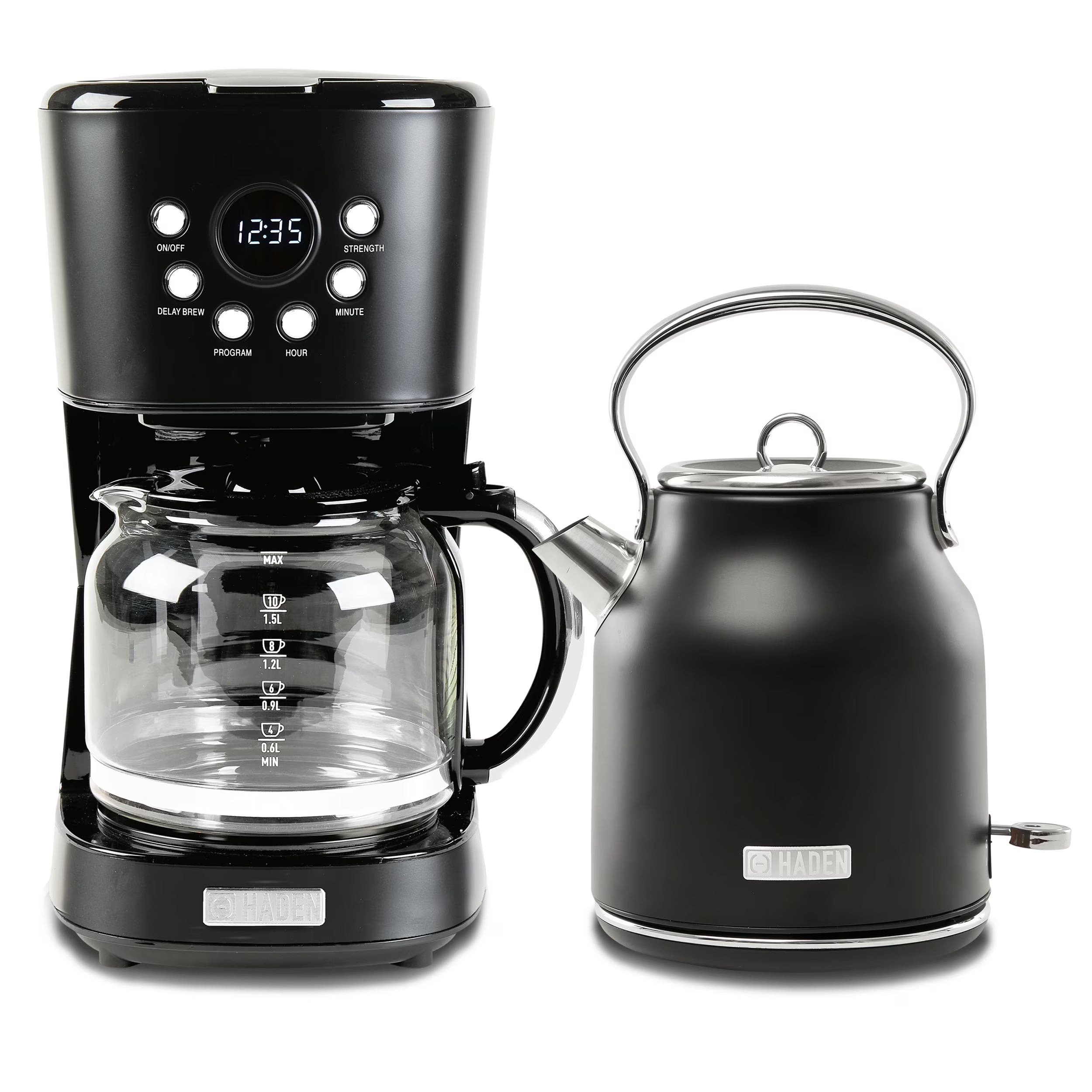 Haden Coffee Maker & Heritage 1.7 Liter Electric Kettle, Black & Chrome