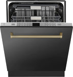 ZLINE Autograph Edition 24" 3rd Rack Top Touch Control Tall Tub Dishwasher in Black Stainless Steel with Gold Handle, 45dBa (DWMTZ-BS-24-G)