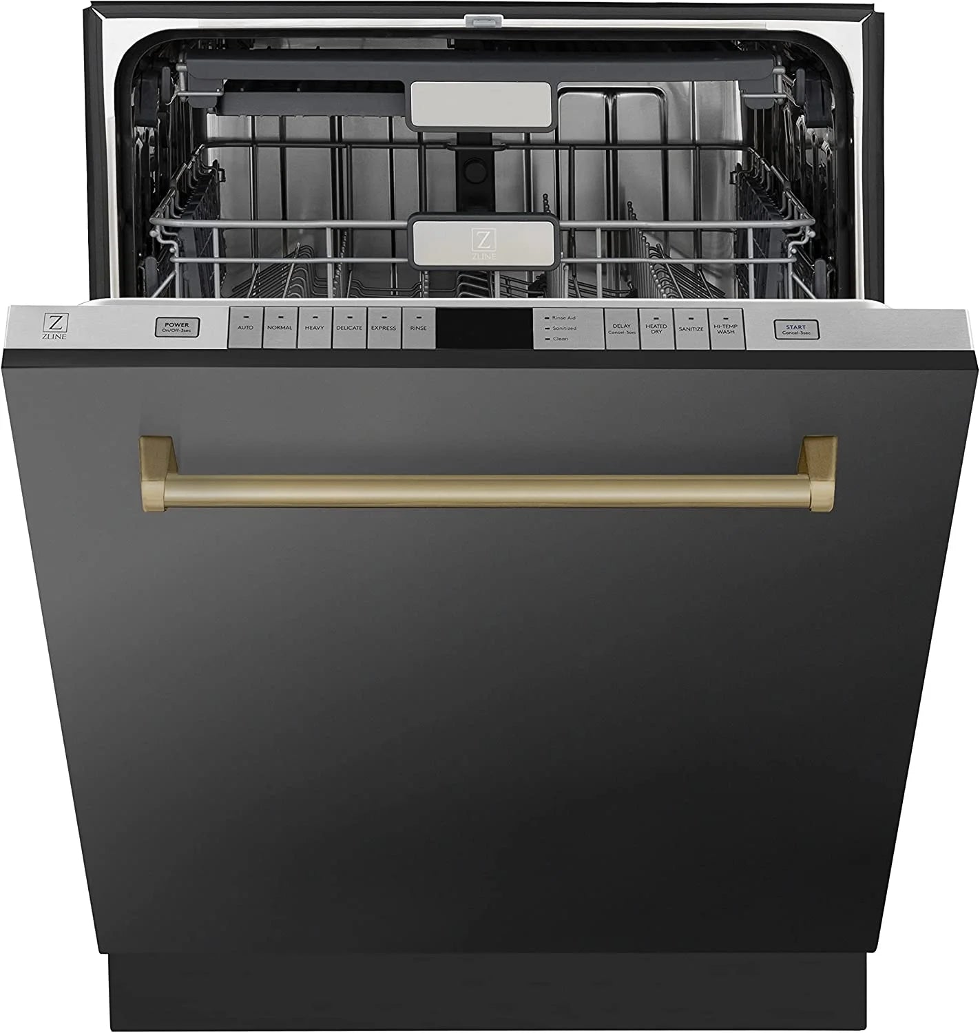 ZLINE Autograph Edition 24" 3rd Rack Top Touch Control Tall Tub Dishwasher in Black Stainless Steel with Gold Handle, 45dBa (DWMTZ-BS-24-G)