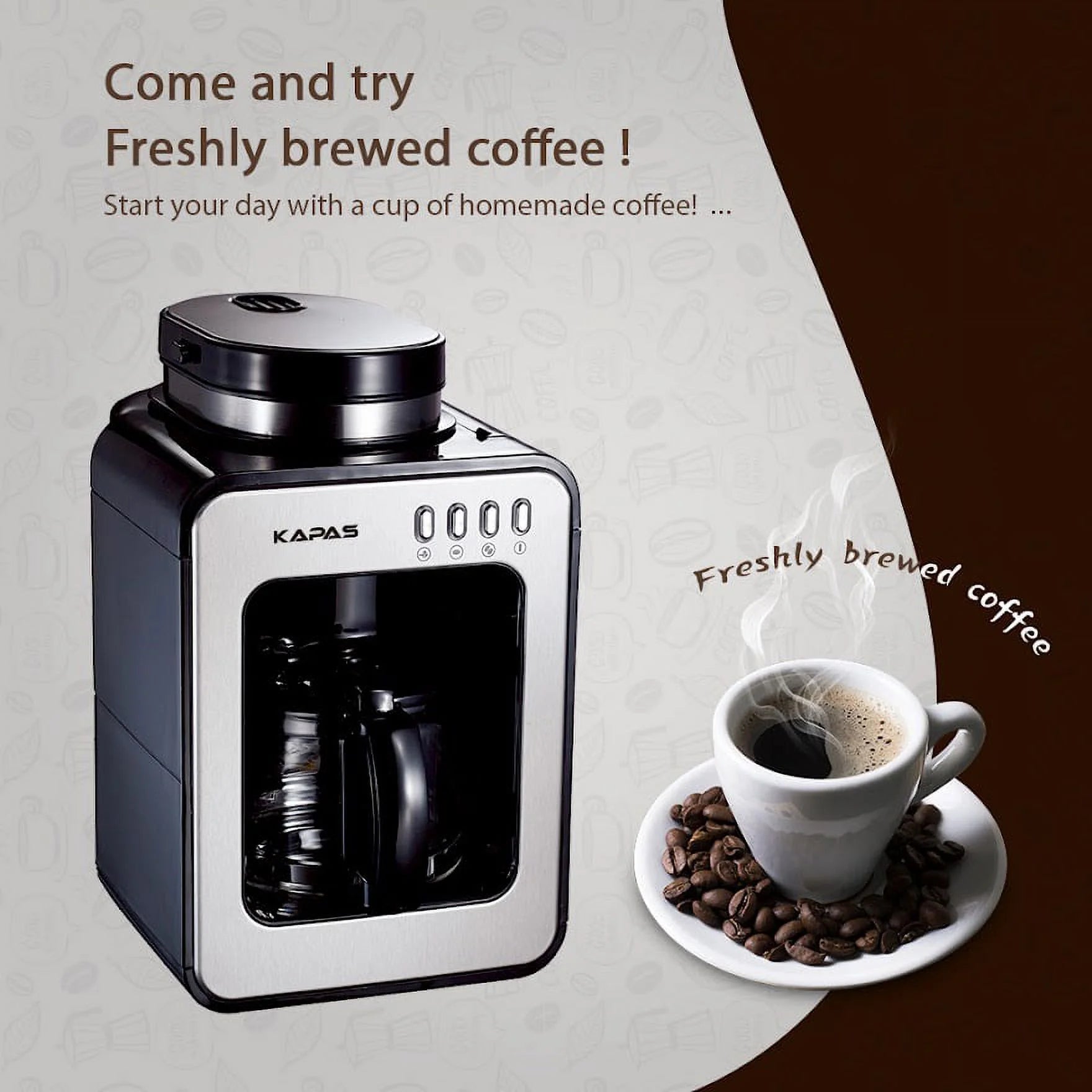 KAPAS Mini Automatic Coffee Machine With Grinding Function, Programmable Timer Mode and Keep Warm Plate,0.6L Capacity, 600W