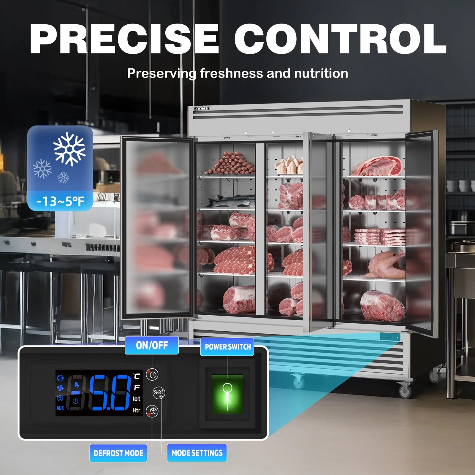 Coolski 82" W Commercial Freezer 72 Cu.ft 3 Door Reach-in Stainless Steel Commercial Freezer