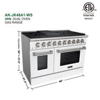 Akicon 48" Slide-in Freestanding Professional Style Gas Range with 6.7 Cu. Ft. Oven, 8 Burners, Convection Fan, Cast Iron Grates. White & Stainless Steel