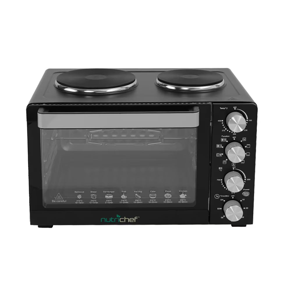 NutriChef 30 Quart Kitchen Convection Oven & 2 Burner Cooker - 1500 Watt Oven - 7 Cook Functions Rotisserie, Cook, Bake, Broil & More - Includes Baking Tray, Skewers & Handles - 19.6 x 16.0 x 13.5 IN