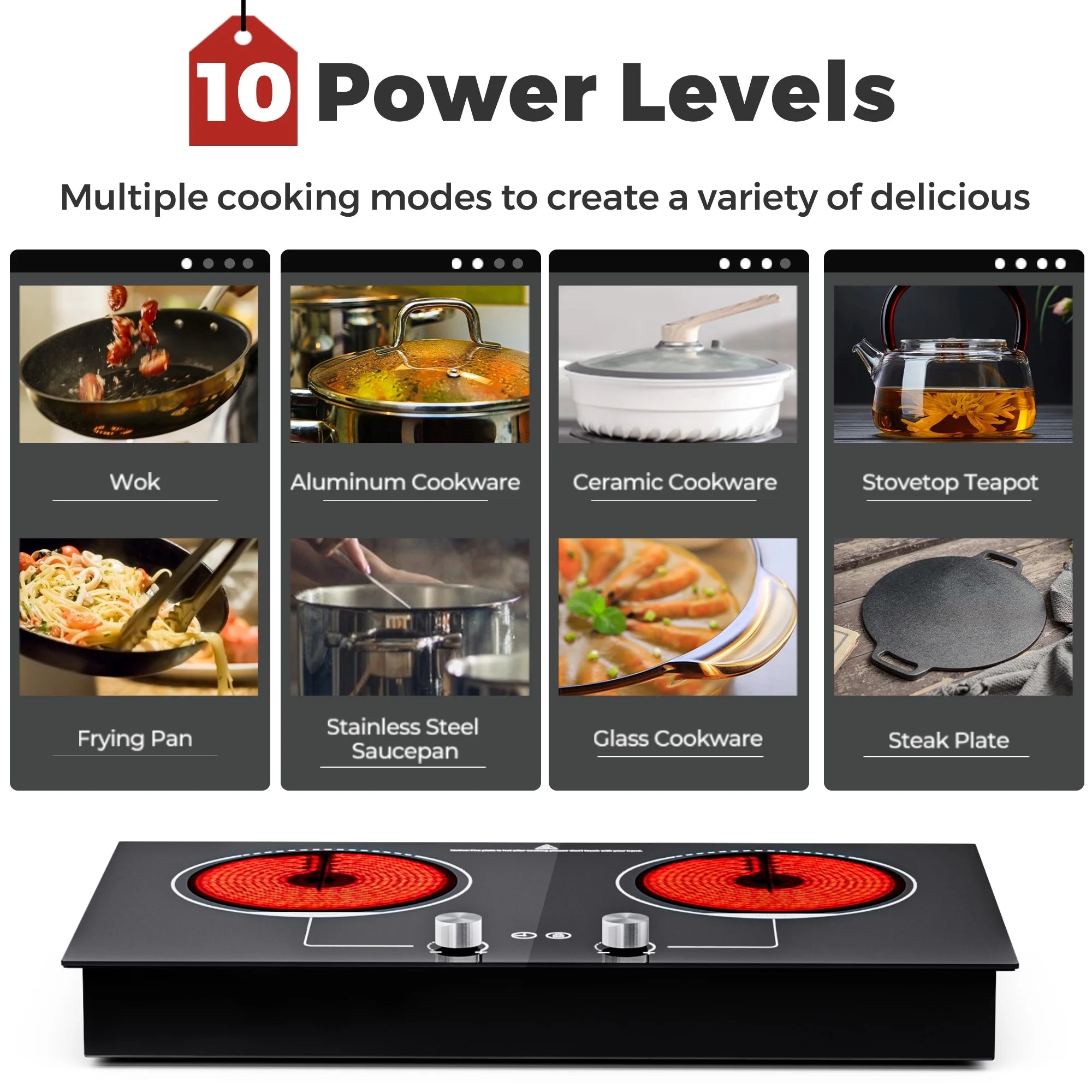 Advwin 2-Burner 1800W Electric Cooktop with Child Safety Lock, Timer & 10 Power Settings - 110V Countertop Stove