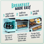 3-in-1 Breakfast Station - Includes Coffee Maker, Non-Stick Griddle, and 4-Slice Toaster Oven - Versatile Breakfast Maker with Timer - Aqua