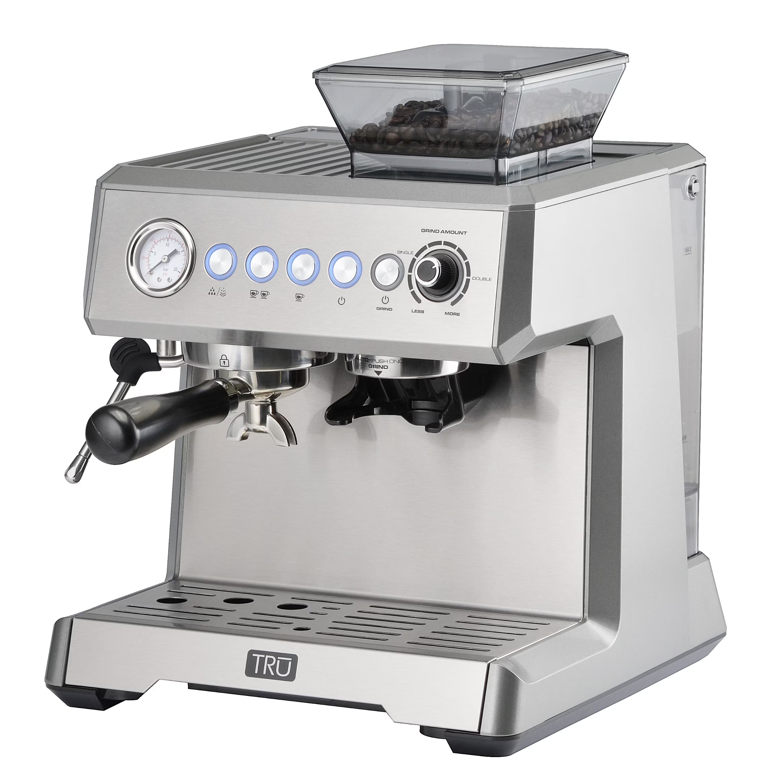 TRU All-in-One Espresso Maker with Grinder & Steam Wand - Premium Espresso Machine with Built-In Coffee Grinder - 15 Bar Pressure Pump - Adjustable Steam Controls & Cup Warmer