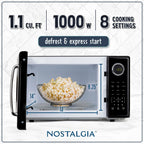 Nostalgia Retro Microwave Oven - 1.1 Cu Ft & 1000-Watt Countertop Size with Glass Turntable, Child Safety Lock, 8 Auto-Cook Programs & Digital Clock - Black