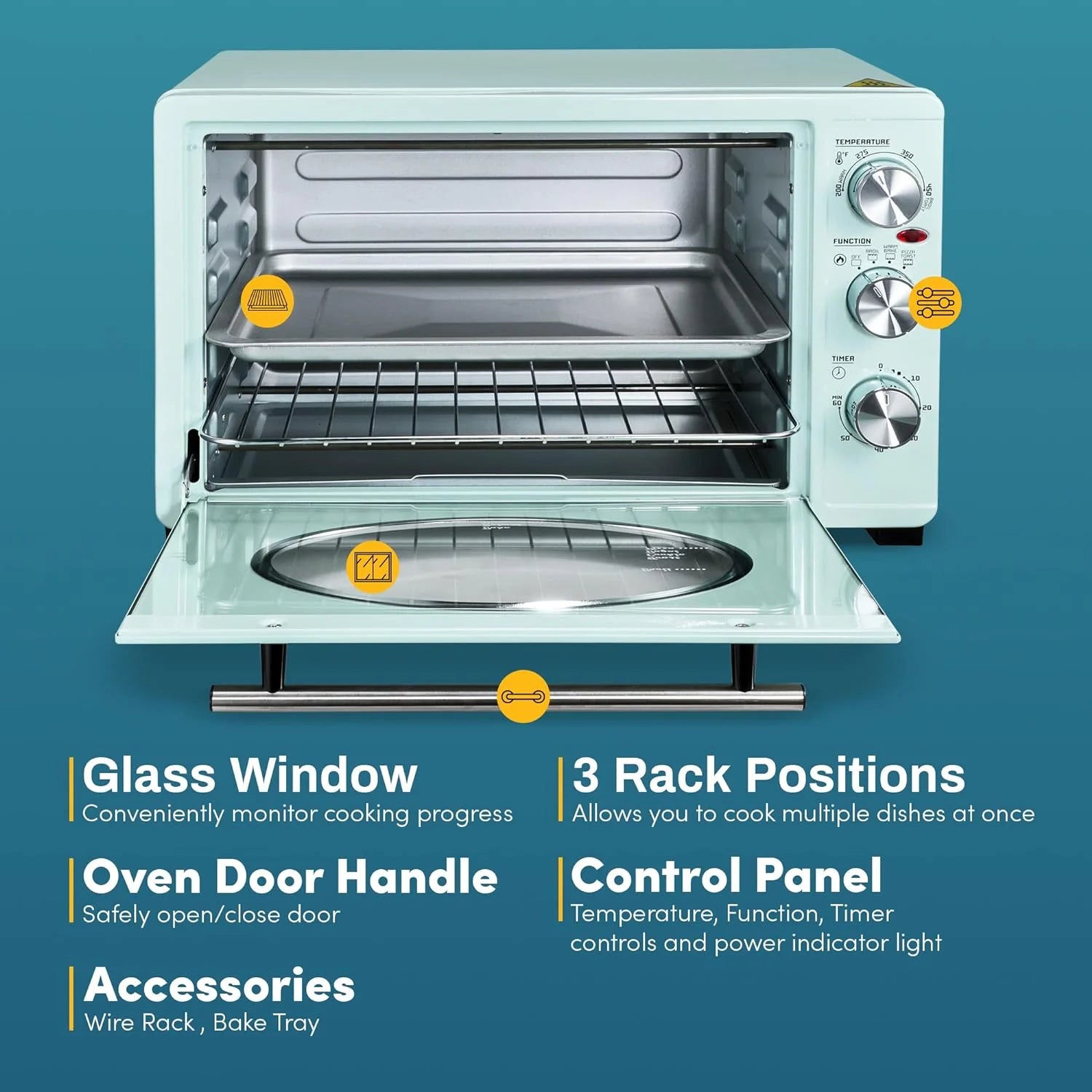 Elite Gourmet Americana by Elite ETO3300M Vintage 50��s Diner Retro Countertop Toaster oven, Bake, Broil, Toast, Fits 12�� Pizza, Temperature Control & Adjustable 60-Minute Timer 1500W, 8-slice, Mint