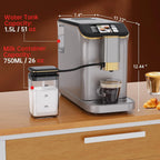 Full Automatic Espresso Machine with Built-In Grinder & Milk Frother - FTF Touchscreen Coffee Maker for Latte/Cappuccino, 20 Bar Pressur & 1.5L Water Tank, 1350W, Grey