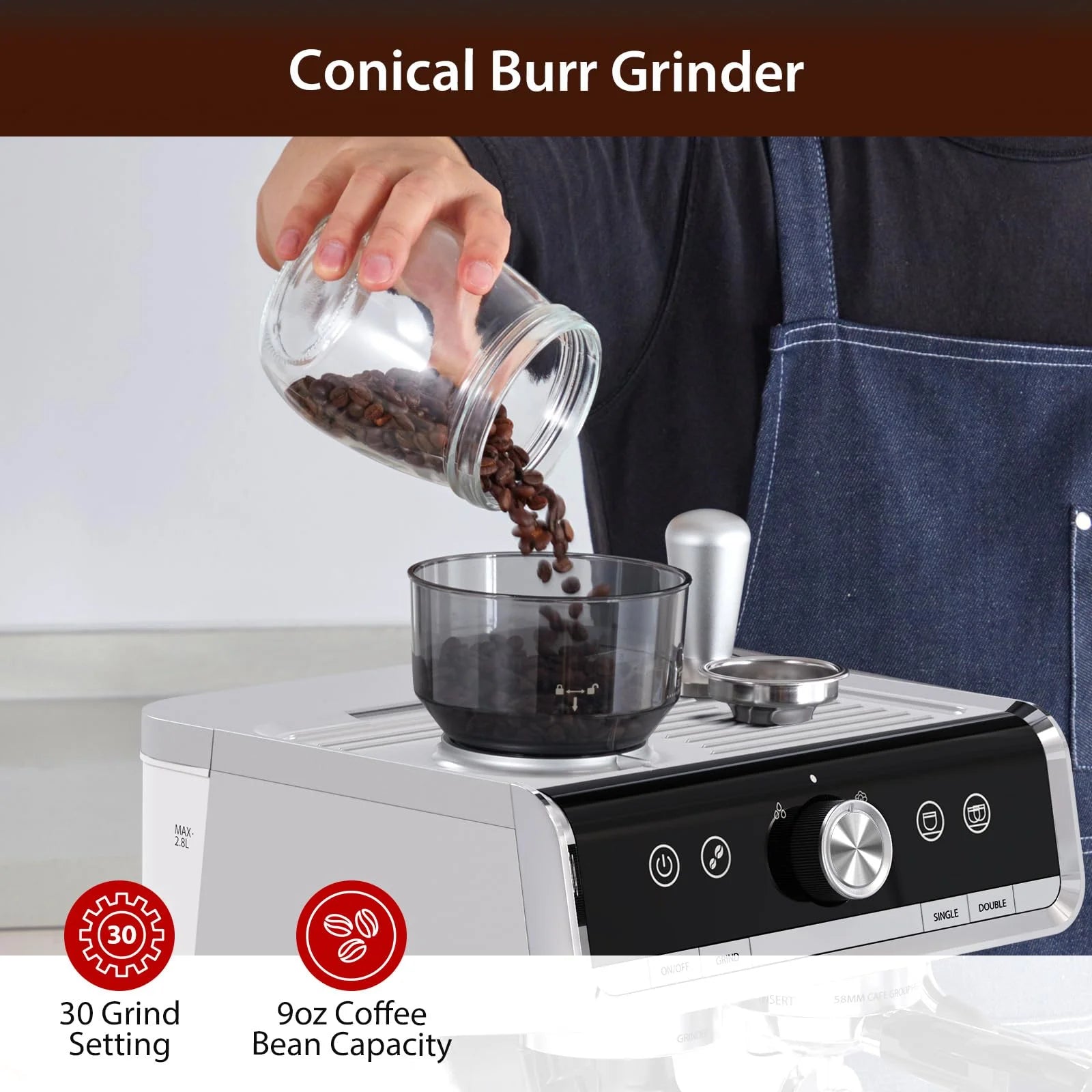 Espresso Coffee Machine with Grinder, 20 Bar Semi-Automatic Espresso Maker with Milk Frother Steamer Wand for Cappuccino, Latte, Macchiato, 2.8 L Water Tank, PID Temperature Control