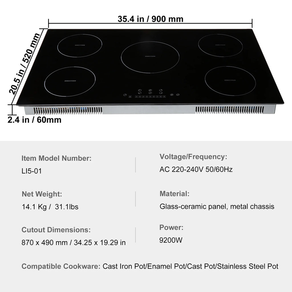 KFFKFF 36in Electric Cooktop, 5 Burners Ceramic Glass Stove Top Touch Control 9200W, 9 Heating Level Multifunctional Burner