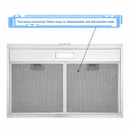30 inch Under Cabinet Range Hood Stainless Steel Kitchen 230CFM Vent LED Light with Carbon Filter