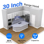 Sunmaki 30 inch Under Cabinet Range Hood with 3  Speed Exhaust Fan, 750CFM Fan Kitchen Stove Vent, Push Button