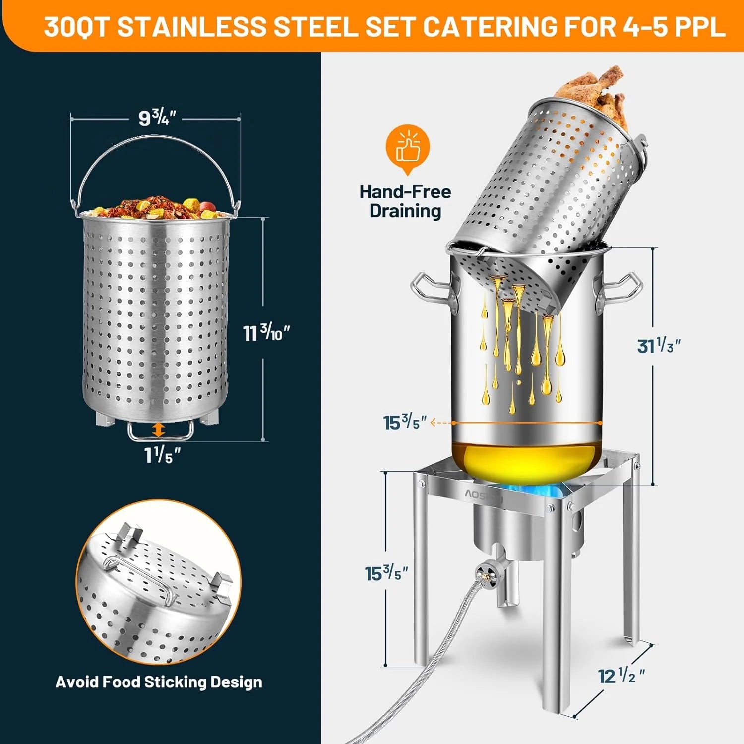 30QT Stainless Steel Turkey Fryer&Seafood Boil Pot with 55,000BTU Propane Burner for Outdoor Cooking of Turkey,Crab,Lobster and Shrimp