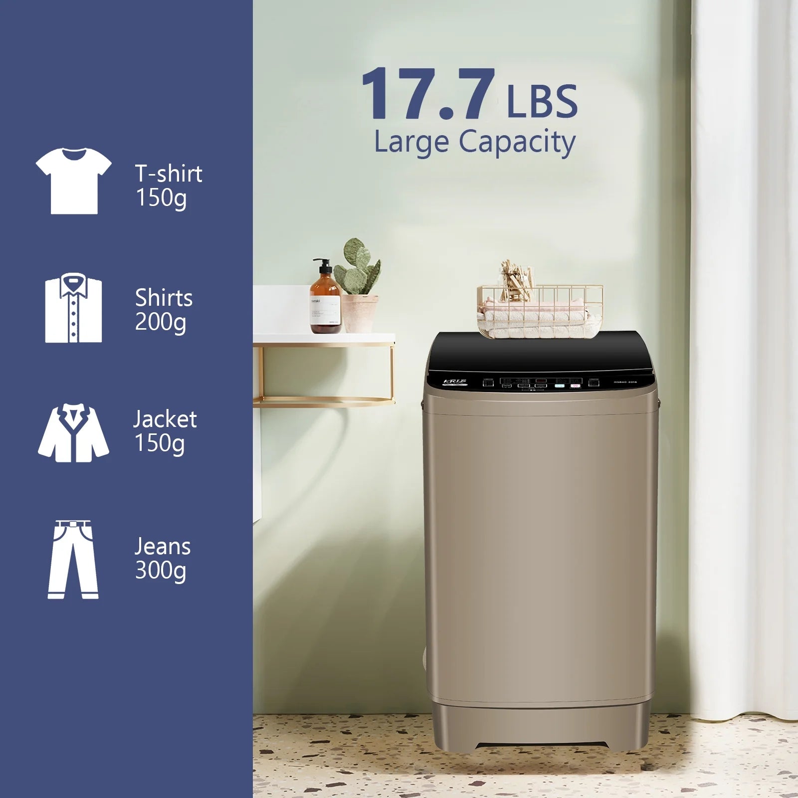 Krib Bling Full Automatic Washing Machine with LED Display, 17.7 lbs Portable Washer with Drain Pump, 10 Washing Programs & 8 Water Levels, Ideal for Camping, Apartment, Dorm, Grey