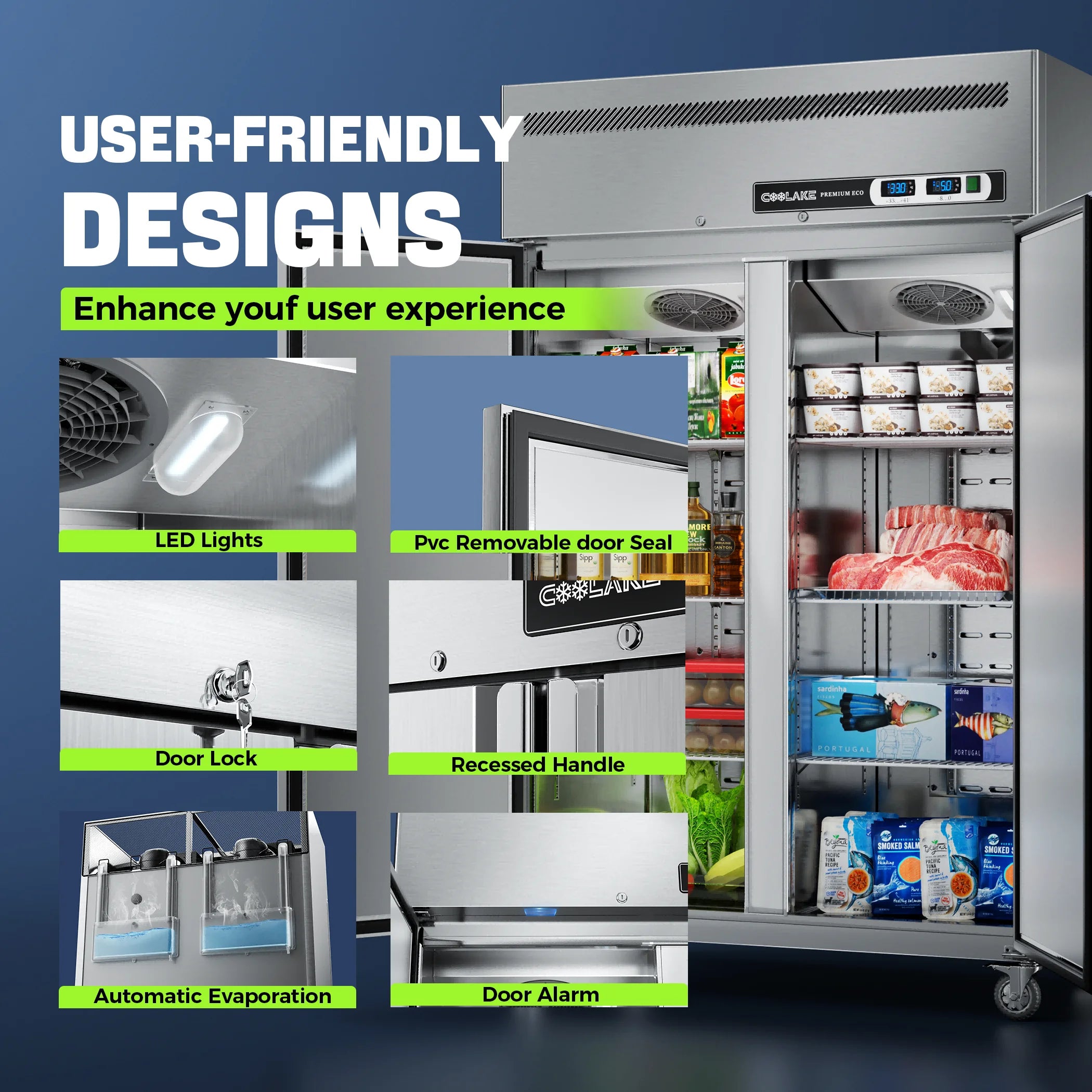 Coolake Commercial Refrigerator And Freezer Combo, 48" W Dual Temperature Zones, 36 Cu.ft 2 Door