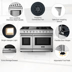 Spaco 48 Inches Freestanding Natural Gas Range with 7 Burners Cooktop, Gas Cooktop for Kitchen, Stainless Steel