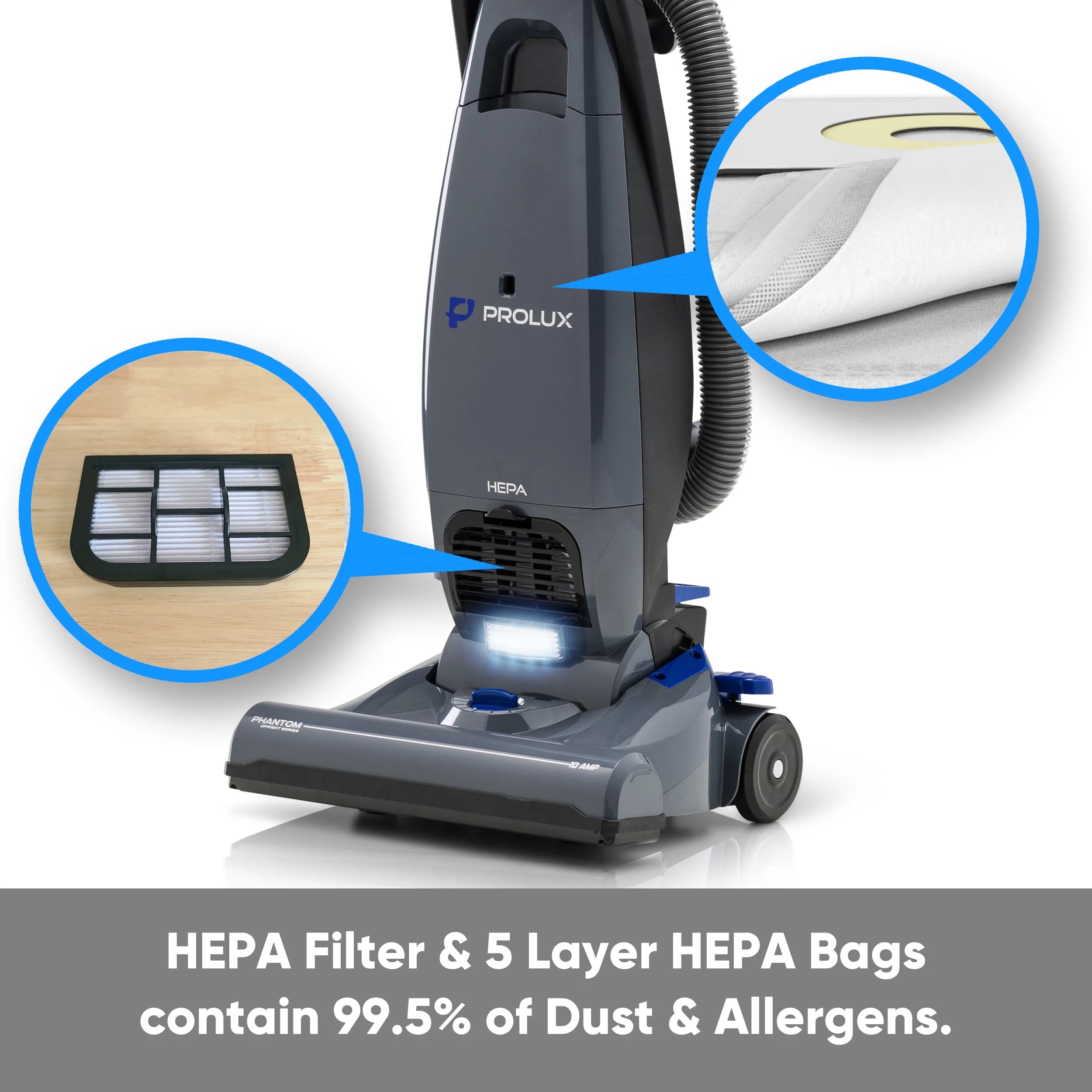 Prolux Phantom Bagged Upright Sealed HEPA Pet Vacuum for Home