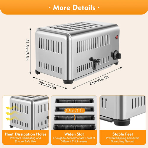 6-Slice Stainless Steel Toaster, 1680W High-Power with Adjustable Timing, Wide Slots, and Easy-to-Clean Design for Perfect Toast Every Time