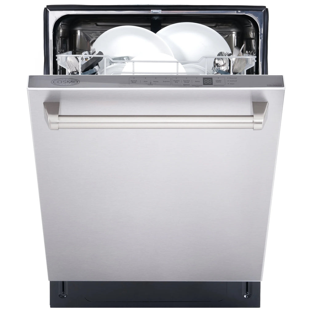 Cosmo 4 Piece Kitchen Appliance Packages with 36" Freestanding 220/240V Dual Fuel Range 36" Under Cabinet Mount Range Hood 24" Built-in Dishwasher & French Door Refrigerator Kitchen Appliance Bundles