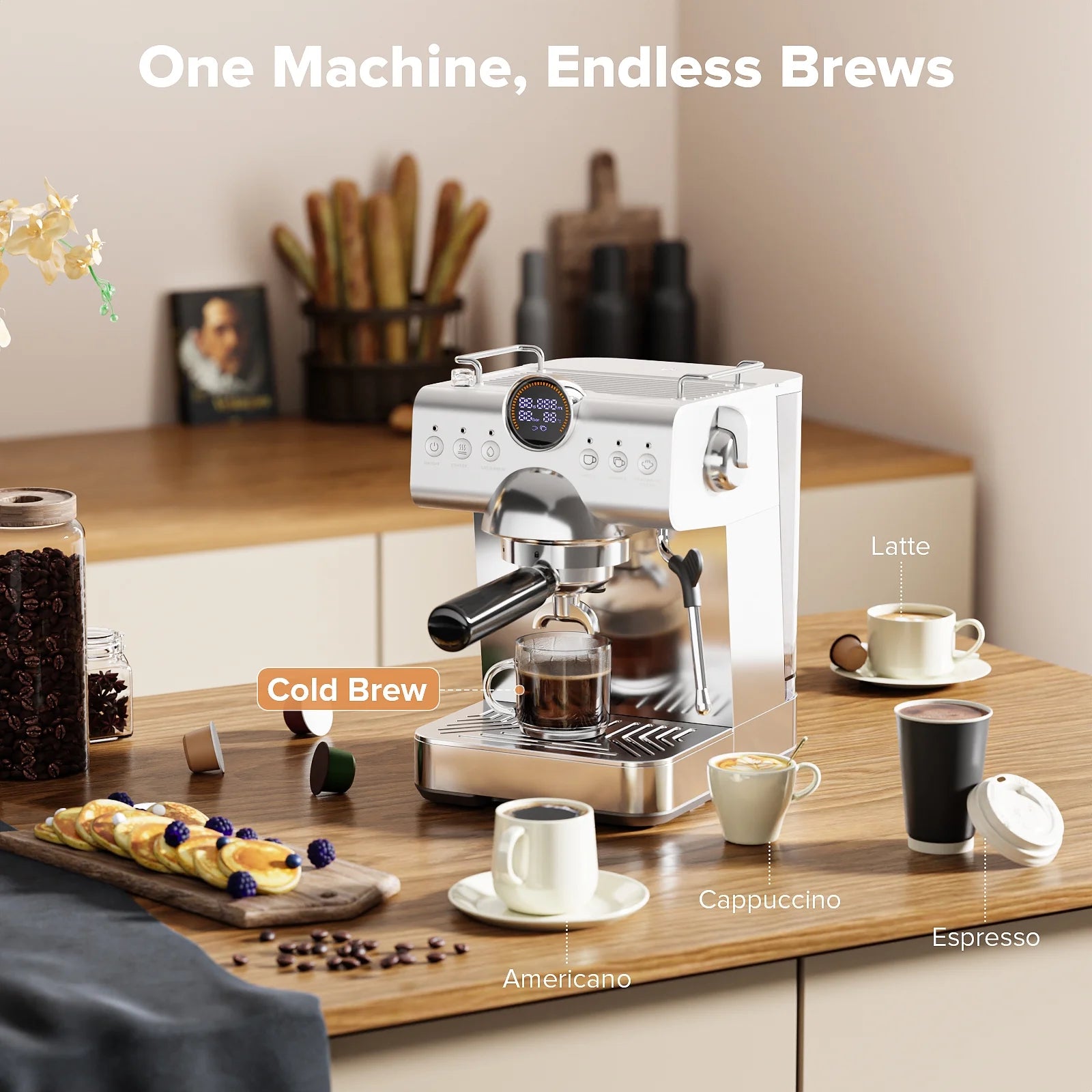 Auseo Espresso Machines with Cold Brew & Milk Frother, 20-Bar Pressure Espresso Coffee Maker, Smart LED Display & Compact Stainless Steel Design for Lattes/Cappuccinos
