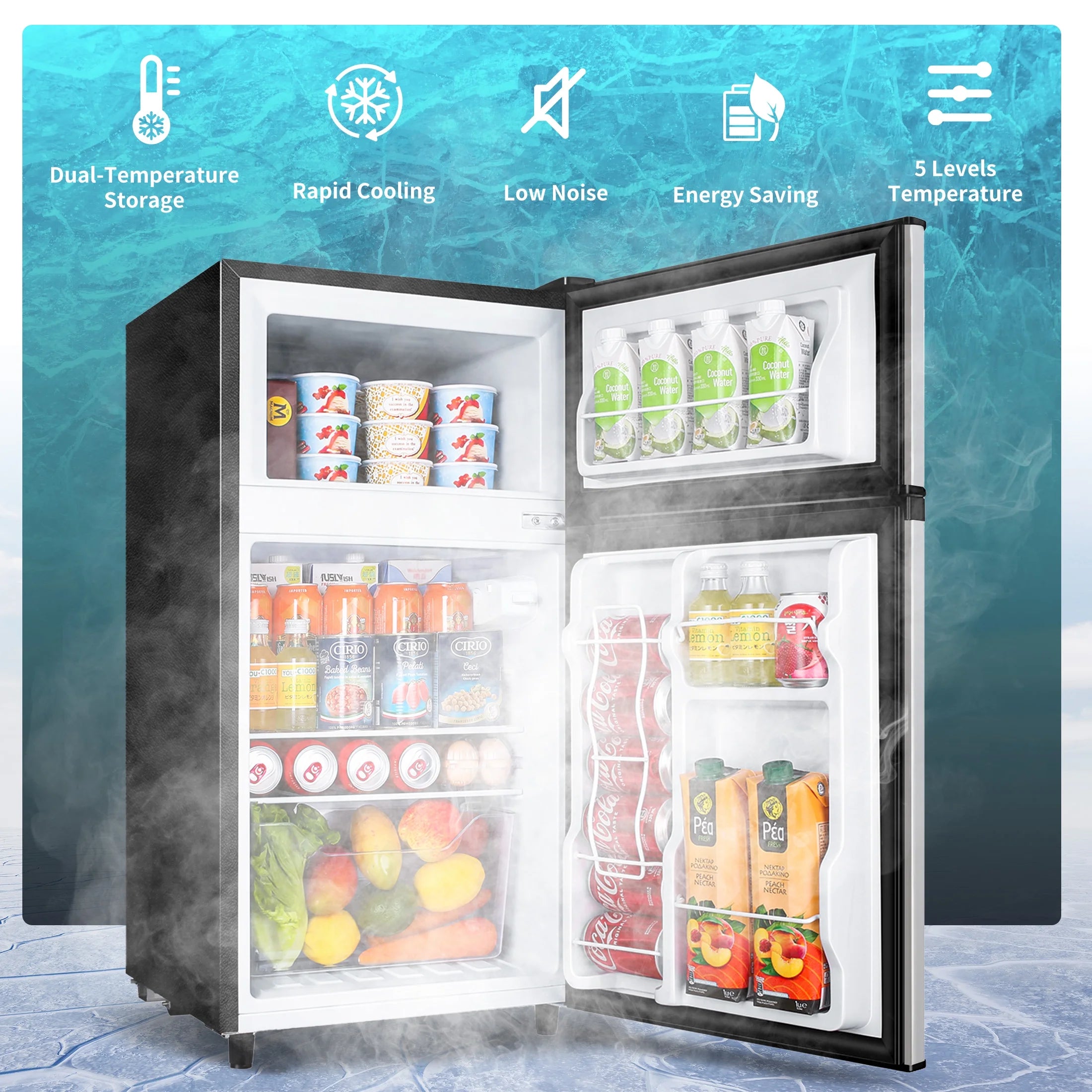CALLIEVER Compact Mini Fridge with Freezer, 3.5 Cu.Ft 2-Door Refrigerator �C Ideal for Dorm, Office, Bedroom �C 7 Temp Settings, Adjustable Shelves,Silver