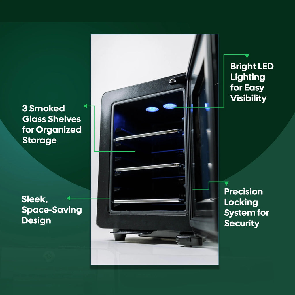 Essential Cooler - Mini Fridge with Temp & Humidity Control, 3 USB Ports, Smoked Glass Shelves, Lockable UV Glass Door for Cosmetics, Skin Care, Medicine, Herbs, and More