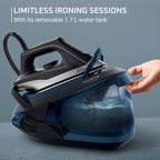 Rowenta Master Steam Station, 57 Oz Water Tank, Pump Technology for High Pressure Steam, Iron for Clothes, Black and Green, VR8332U1