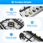 Stainless Steel 5-Burner Stove, Top Built-In Gas Propane Cooktop Stove for Restaurants