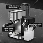 Bluebow 6-in-1 Espresso Machine, 20 BAR Cappuccino & Latte Machine with Built-In Milk Frother, One-Touch Single/Double Shot, 1350W, Stainless Steel