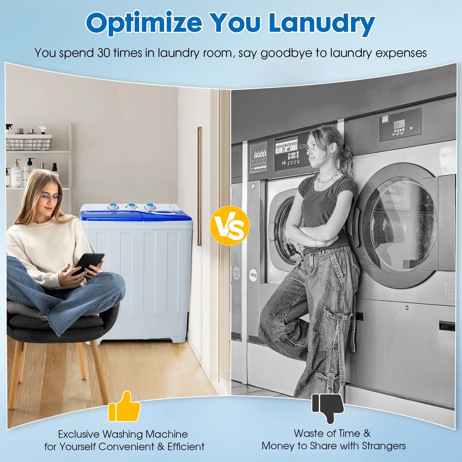 Artbros 28lbs Portable Twin Tub Washing Machine with Drain Pump, Compact Laundry Washer for Apartments, Dorms, Blue