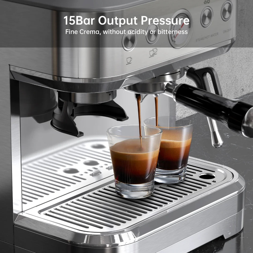 Espresso Machine with Milk Frother and Grinder, 2.5L Water Tank, Brushed Stainless Steel