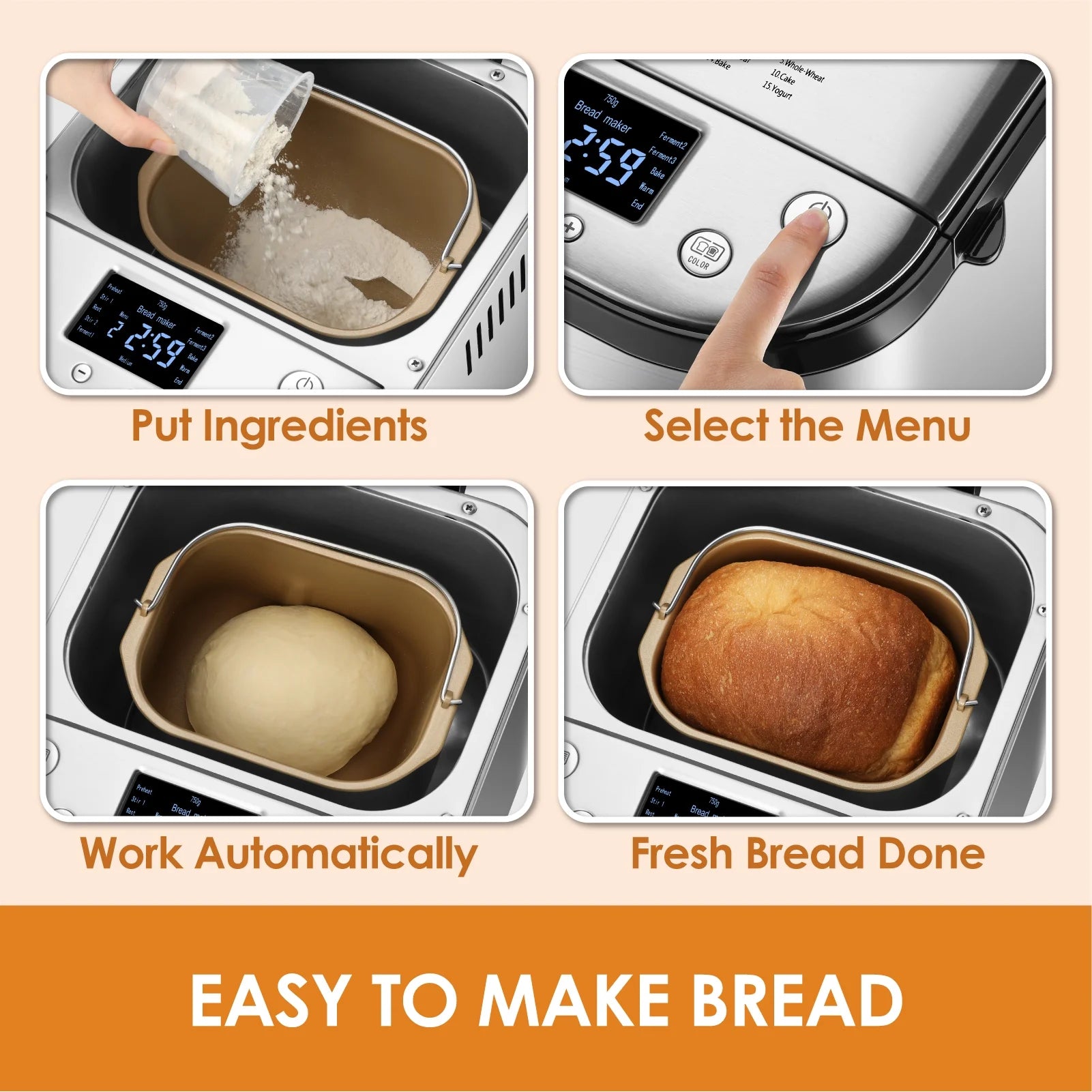 Kitchen in the box 15-in-1 Bread Machine, 2LB Stainless Steel Automatic Bread Maker with Recipes-Silver