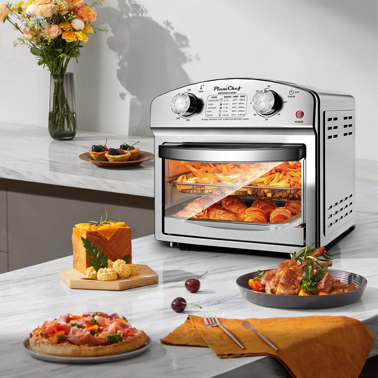 PlumChef 12 Quart 4 Slices Air Fryer Convection Toaster Oven, 1500W , 4 Cooking Modes,  7 in 1 Multifunction with Roast,  Bake, Grill, Broil, Toast, Dehydrate, Defrost, Stainless Stee