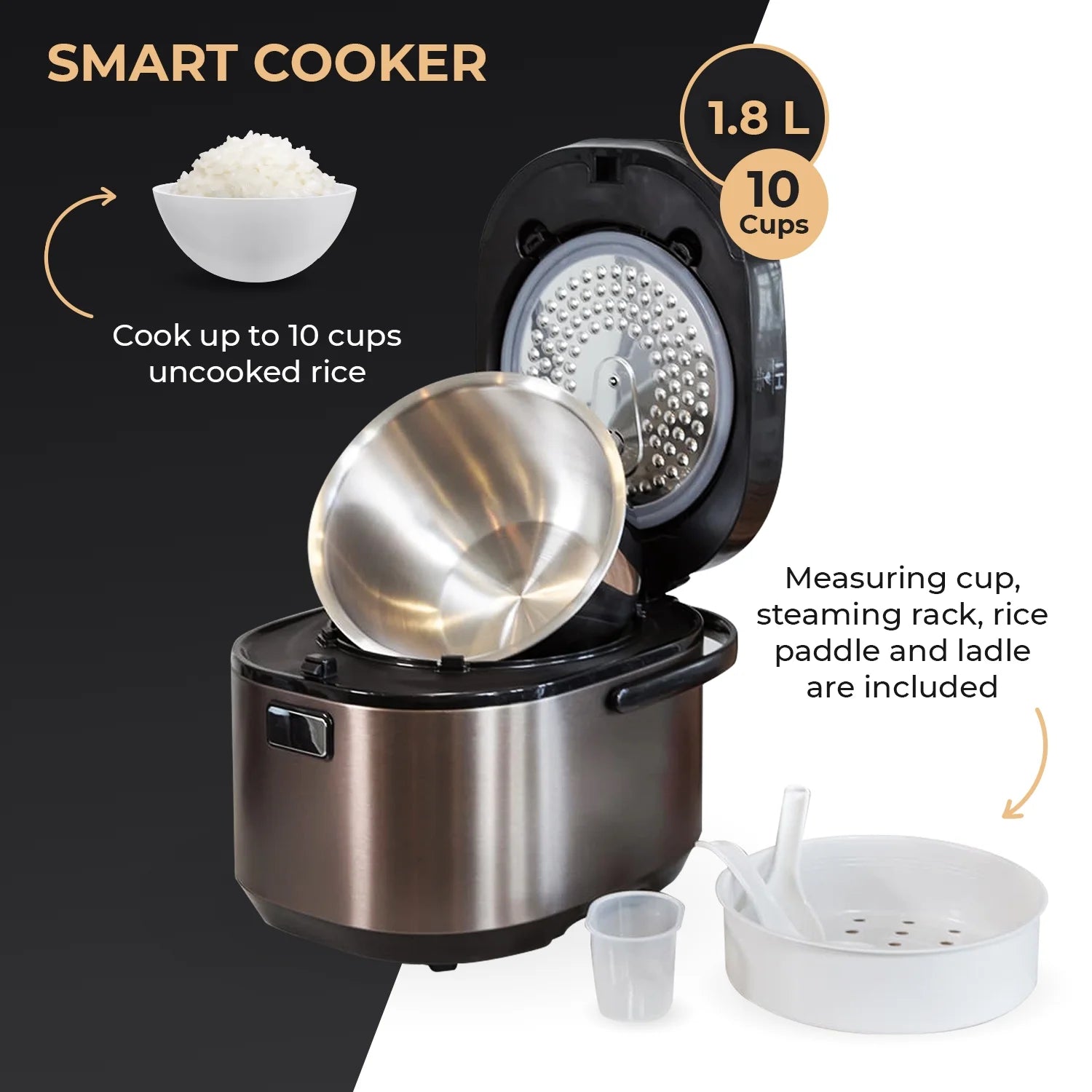 Buffalo White IH SMART COOKER, Rice Cooker and Warmer, 1 L, 5 cups of rice, Non-Coating inner pot, Efficient, Multiple function, Induction Heating (5 cups)