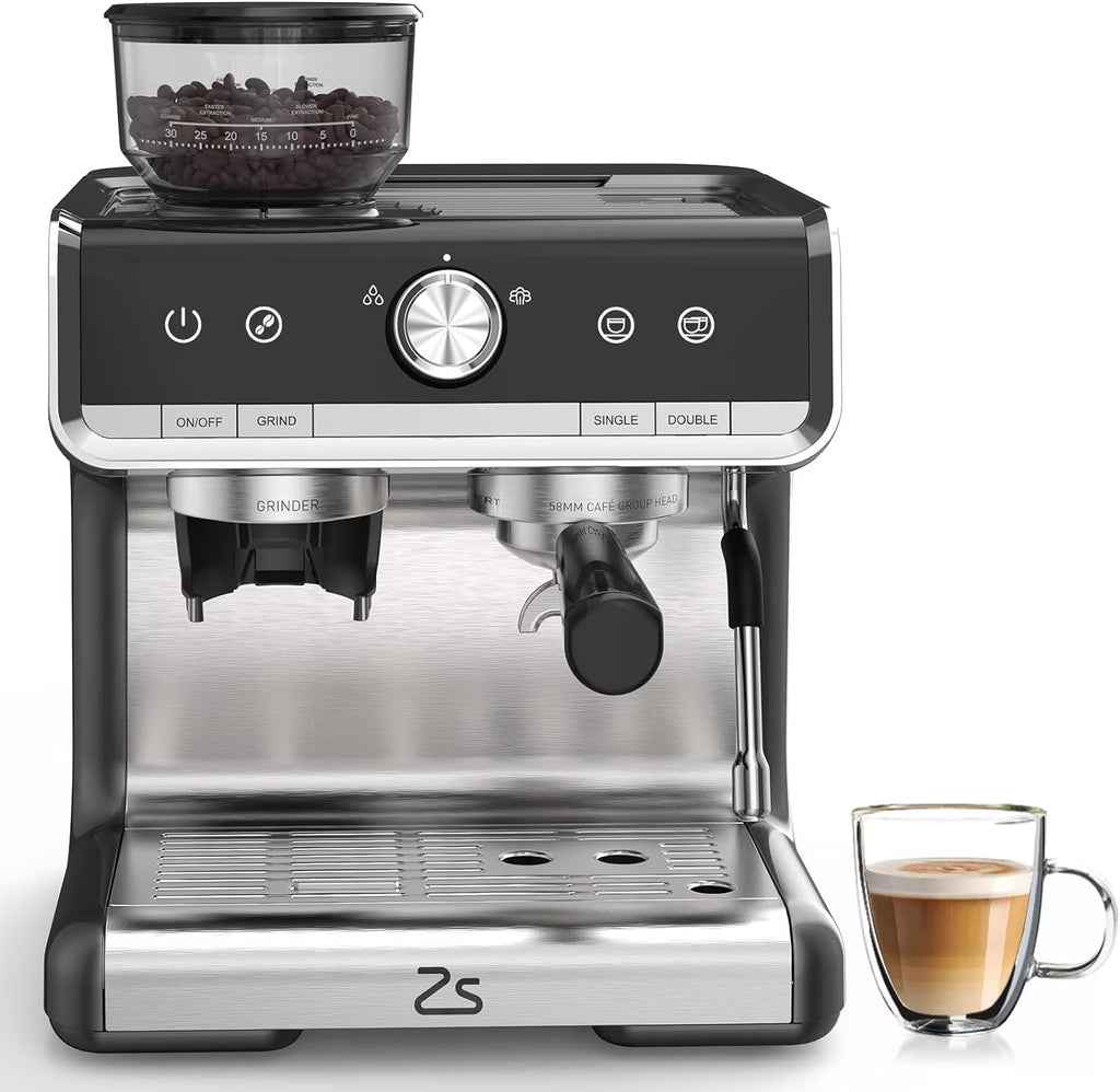 Espresso Coffee Machine with Grinder, 20 Bar Semi-Automatic Espresso Maker with Milk Frother Steamer Wand for Cappuccino, Latte, Macchiato, 2.8 L Water Tank, PID Temperature Control, Silver
