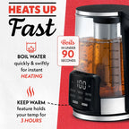 Gourmia 1.7L Programable Glass Kettle with Touch Display, Infuser, Black