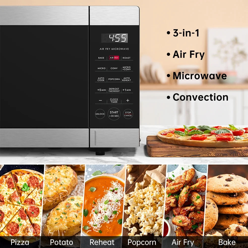 Galanz 0.9 Cu ft Air Fry Countertop Microwave, 900 Watts, Stainless Steel, New