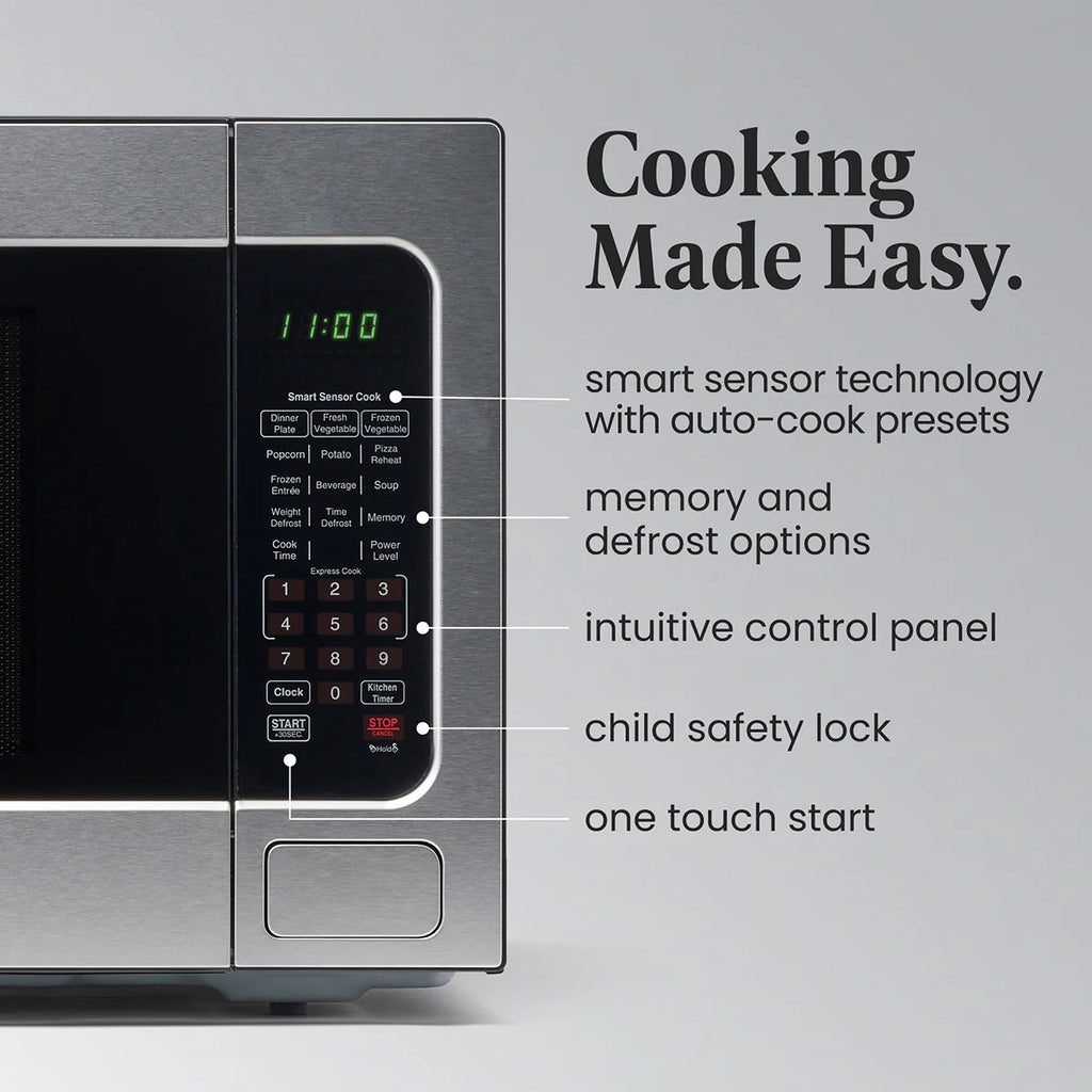 Farberware Countertop Microwave Ov 1100 Watts, 2.2 cu ft - Smart Sensor With LED Lighting and Child Lock - Perfect for Apartments and Dorms - Easy Clean Black Interior, Stainless Steel