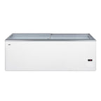 Flat top commercial ice cream freezer with sliding glass lid, digital thermostat, and novelty baskets