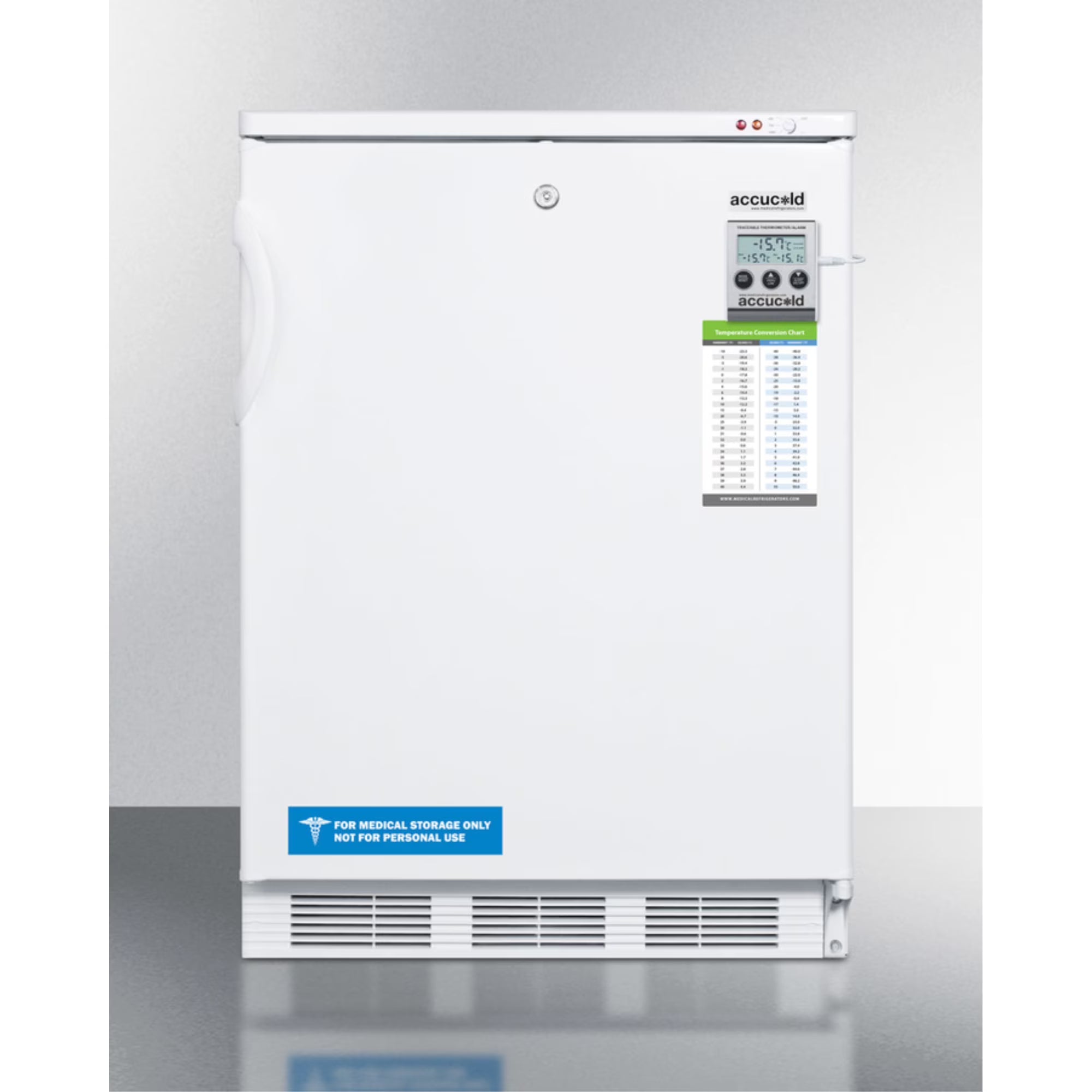 Built-in undercounter freezer capable of -25 C operation; includes audible alarm, lock, and hospital grade plug