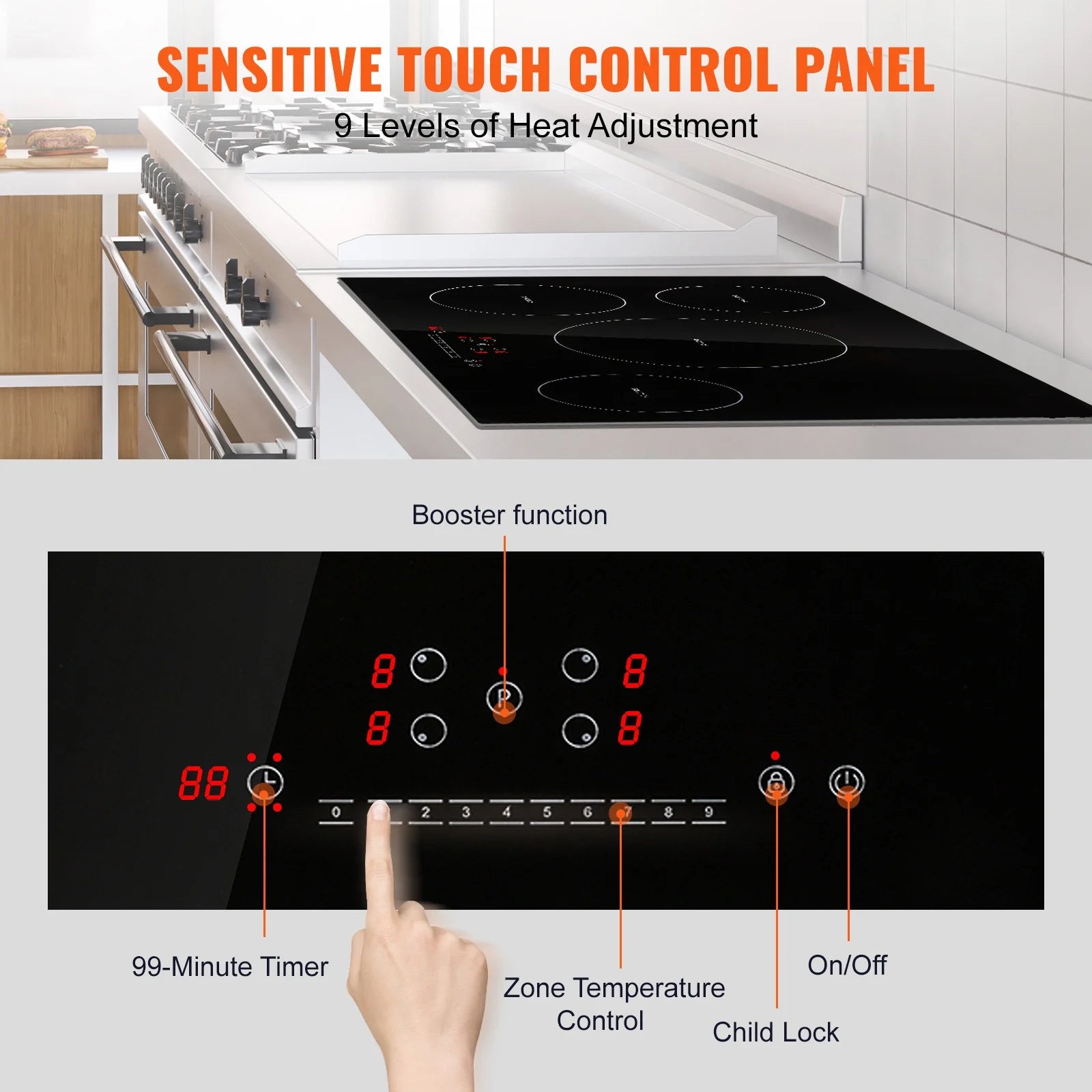 KFFKFF 30" Electric Cooktop, 4 Burners 7500W Built-in Electric Stove with Touch Controls, Safety Lock, 9 Temperature Settings 220-240V