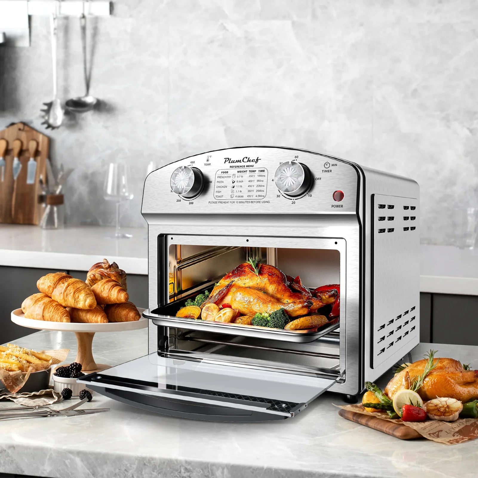Plum Chef 13 Quart Air Fryer, Large Air Fryer Oven Toaster Combo w/ 60 Minute Timer , Convection Oven Countertop, Accessories, UL Certified, Nonstick, Accessories Included, 1500W, Sliver