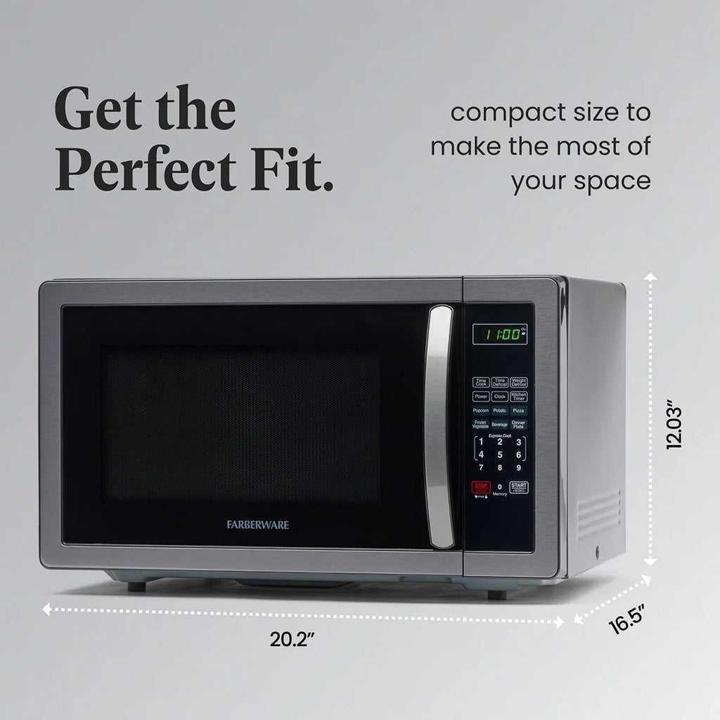 Farberware Stainless Steel Countertop Microwave Oven with Child Lock, 1.1 Cu Ft Black Stainless